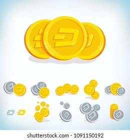 Dash. 2D cartoon coin. Digital currency. Cryptocurrency. Golden coins with symbol isolated on white background. Stock vector illustration.