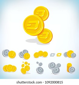 Dash. 2D cartoon coin. Digital currency. Cryptocurrency. Golden coins with symbol isolated on white background. Stock vector illustration.