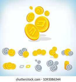 Dash. 2D cartoon coin. Digital currency. Cryptocurrency. Golden coins with symbol isolated on white background. Stock vector illustration.