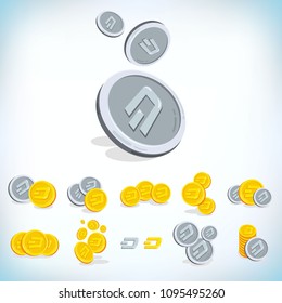 Dash. 2D cartoon coin. Digital currency. Cryptocurrency. Golden coins with symbol isolated on white background. Stock vector illustration.