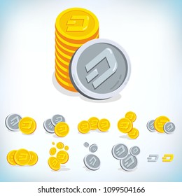 Dash. 2D cartoon coin. Digital currency. Cryptocurrency. Golden coins with symbol isolated on white background. Stock vector illustration.