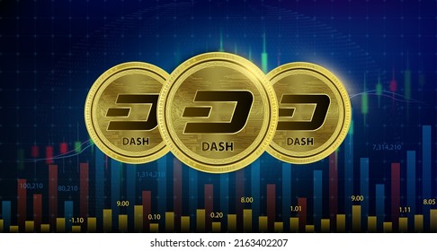 Dash (DASH) 3 coin Cryptocurrency blockchain. Future digital currency replacement technology alternative. Silver golden virtual currency growth share chart background. 3D Vector illustration.