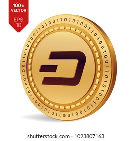 Dash. 3D isometric Physical coin. Digital currency. Cryptocurrency. Golden coin with Dash symbol isolated on white background. Vector illustration