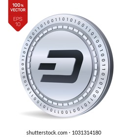 Dash. 3D isometric Physical coin. Digital currency. Cryptocurrency. Silver coin with Dash symbol isolated on white background. Vector illustration.