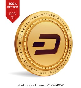 Dash. 3D isometric Physical coin. Digital currency. Cryptocurrency. Golden coin with Dash symbol isolated on white background. Vector illustration