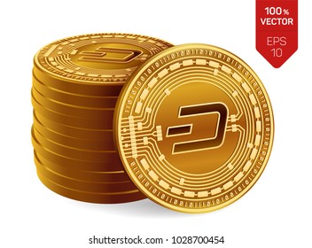 Dash. 3D isometric Physical coins. Digital currency. Cryptocurrency. Stack of golden coins with Dash symbol isolated on white background. Stock vector illustration