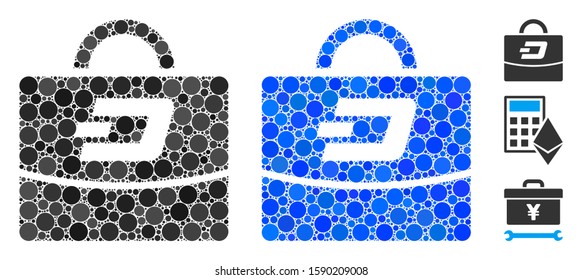 Dash accounting case mosaic of round dots in various sizes and shades, based on Dash accounting case icon. Vector round dots are combined into blue illustration.