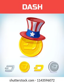 dash in American hat. dash. Digital currency. Crypto currency. Money and finance symbol. Miner bit coin criptocurrency. Virtual money concept. Cartoon Vector illustration.