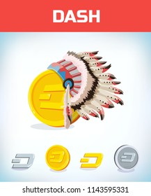 dash in American Indian hat. dash. Digital currency. Crypto currency. Money and finance symbol. Miner bit coin criptocurrency. Virtual money concept. Cartoon Vector illustration.