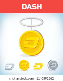 dash with angel nibm. Crypto currency crisis. Crypto currency devaluation. dash fallen. Digital currency. Crypto currency. Money and finance symbol. Cartoon Vector illustration.