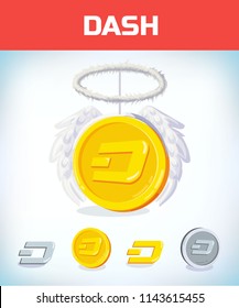 dash with angel nibm and wings. Crypto currency crisis. Crypto currency devaluation. dash fallen. Digital currency. Crypto currency. Money and finance symbol. Cartoon Vector illustration.