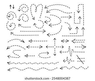 Setas tracejadas definidas. Coleção isolada de setas vetoriais de rabiscar. Linhas de ponto fino no plano de fundo branco