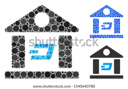 Dash bank building composition of filled circles in various sizes and color tinges, based on Dash bank building icon. Vector filled circles are organized into blue illustration.