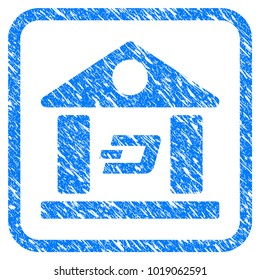 Dash Bank Building rubber seal stamp imitation. Icon vector symbol with grunge design and unclean texture in rounded rectangle. Scratched blue sign on a white background.