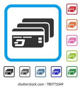 Dash Bank Cards icon. Flat grey iconic symbol inside a blue rounded frame. Black, gray, green, blue, red, orange color additional versions of Dash Bank Cards vector.