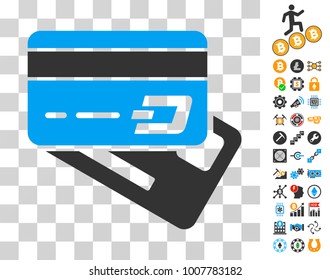 Dash Banking Cards icon with bonus bitcoin mining and blockchain icons. Vector illustration style is flat iconic symbols. Designed for blockchain software.