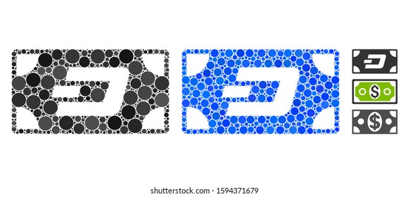 Dash banknote composition of small circles in various sizes and color tones, based on Dash banknote icon. Vector random circles are organized into blue composition.