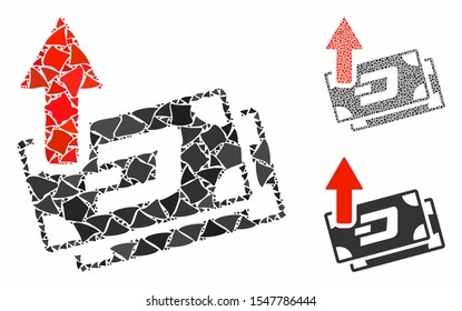 Dash banknotes cashout composition of unequal parts in variable sizes and color tinges, based on Dash banknotes cashout icon. Vector ragged parts are combined into collage.