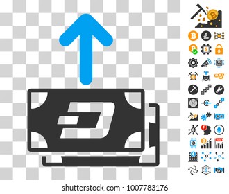 Dash Banknotes Pay Out pictograph with bonus bitcoin mining and blockchain design elements. Vector illustration style is flat iconic symbols. Designed for blockchain apps.