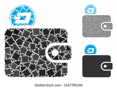 Dash billfold composition of uneven pieces in various sizes and color tinges, based on Dash billfold icon. Vector uneven elements are composed into composition.