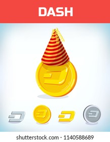 dash in birthday hat. dash. Digital currency. Crypto currency. Money and finance symbol. Miner bit coin criptocurrency. Virtual money concept. Cartoon Vector illustration.