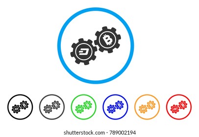 Dash Bitcoin Gears rounded icon. Style is a flat gray symbol inside light blue circle with additional color variants. Dash Bitcoin Gears vector designed for web and software interfaces.