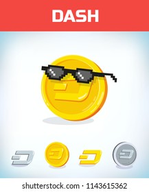 dash in black glasses. dash. Digital currency. Crypto currency. Money and finance symbol. Miner bit coin criptocurrency. Virtual money concept. Cartoon Vector illustration.