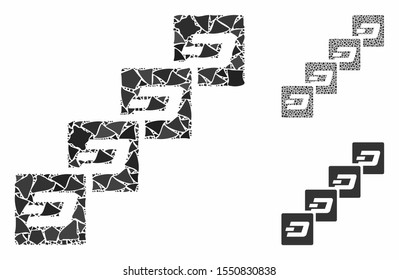 Dash block chain composition of ragged parts in various sizes and color tints, based on Dash block chain icon. Vector trembly parts are composed into illustration.