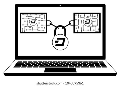 dash block chain technology on a screen laptop   ,disign concept  black and white with security lock