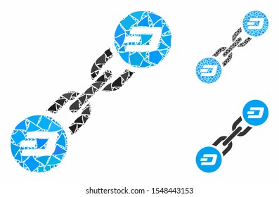 Dash blockchain composition of bumpy pieces in variable sizes and color hues, based on Dash blockchain icon. Vector irregular pieces are united into composition.