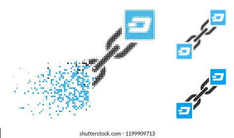Dash blockchain icon in dispersed, dotted halftone and undamaged whole variants. Pixels are composed into vector dissolving Dash blockchain pictogram. Disintegration effect uses rectangular pixels.