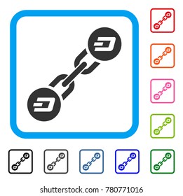 Dash Blockchain icon. Flat grey pictogram symbol inside a blue rounded rectangular frame. Black, gray, green, blue, red, orange color additional versions of Dash Blockchain vector.