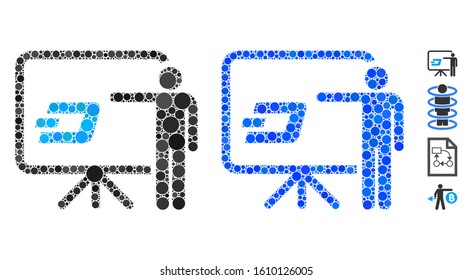 Dash board presentation person composition of round dots in variable sizes and shades, based on Dash board presentation person icon. Vector dots are grouped into blue mosaic.