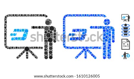 Dash board presentation person composition of round dots in variable sizes and shades, based on Dash board presentation person icon. Vector dots are grouped into blue mosaic.