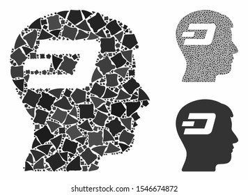 Dash brain composition of bumpy parts in different sizes and color hues, based on Dash brain icon. Vector rough parts are united into composition. Dash brain icons collage with dotted pattern.