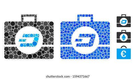 Dash business case composition of circle elements in different sizes and color hues, based on Dash business case icon. Vector circle elements are composed into blue collage.
