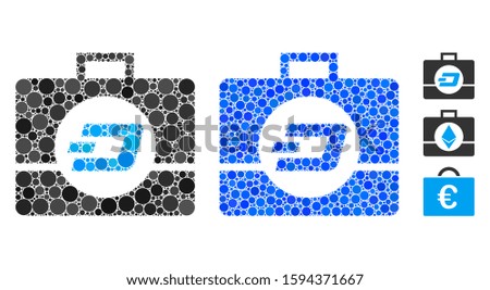 Dash business case composition of circle elements in different sizes and color hues, based on Dash business case icon. Vector circle elements are composed into blue collage.