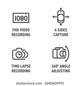 Dash cam or dashboard camera icons set - 4 sides capture, Full HD video recording, 360 degrees angle adjusting, Time-lapse recording. Pictograms for labeling in bold line
