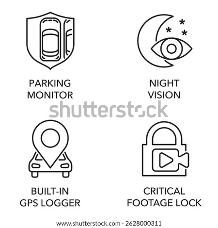 Dash cam or dashboard camera icons set - Parking monitor, Night vision, Built-in GPS logger, Critical footage lock. Pictograms for labeling in thin line