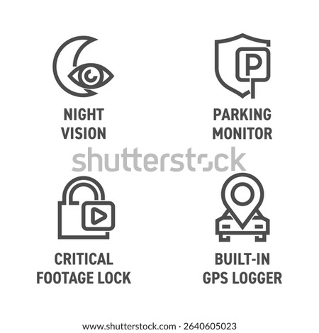 Dash cam or dashboard camera icons set - Parking monitor, Night vision, Built-in GPS logger, Critical footage lock. Pictograms for labeling in bold line