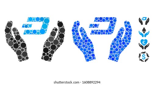 Dash care hands composition of small circles in different sizes and color tinges, based on Dash care hands icon. Vector small circles are united into blue mosaic.