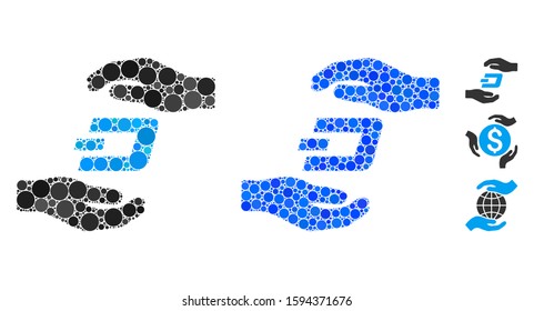 Dash care hands mosaic of round dots in various sizes and color hues, based on Dash care hands icon. Vector round dots are composed into blue composition.