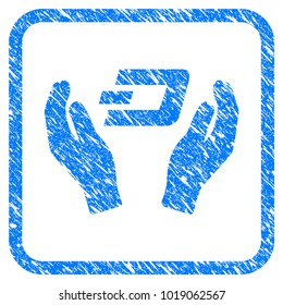 Dash Care Hands rubber seal stamp watermark. Icon vector symbol with grunge design and corrosion texture inside rounded frame. Scratched blue sign on a white background.