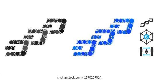 Dash chain mosaic of small circles in various sizes and color tinges, based on Dash chain icon. Vector small circles are united into blue mosaic. Dotted Dash chain icon in usual and blue versions.