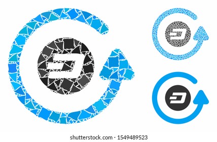 Dash chargeback composition of irregular parts in various sizes and color tinges, based on Dash chargeback icon. Vector tremulant parts are grouped into mosaic.