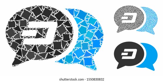 Dash chat messages composition of joggly elements in various sizes and color tinges, based on Dash chat messages icon. Vector uneven elements are organized into collage.