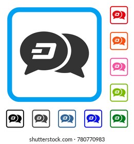 Dash Chat Messages icon. Flat gray pictogram symbol inside a blue rounded rectangular frame. Black, gray, green, blue, red, orange color variants of Dash Chat Messages vector.