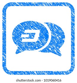 Dash Chat Messages rubber seal stamp watermark. Icon vector symbol with grunge design and unclean texture in rounded square. Scratched blue stamp imitation on a white background.