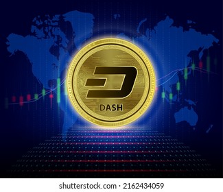 Dash (DASH) coin. 3D Vector illustration. Cryptocurrency blockchain (crypto currency) Future digital replacement technology. Silver golden virtual currency growth share chart is background.