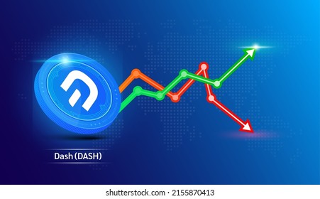 Dash coin blue. Cryptocurrency token symbol with stock market investment trading graph green and red. Coin icon on dark  background. Economic trends business concept. 3D Vector illustration.